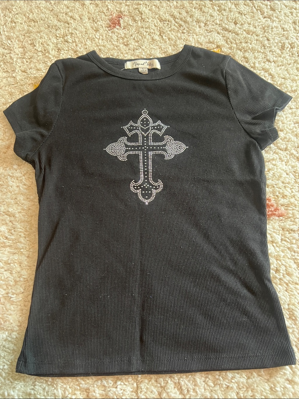 Black Ribbed Tee with Crystal Cross